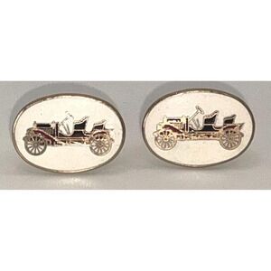 Vintage Enamel Antique Car Cufflinks Mens Oval Gold Tone Formal Wear